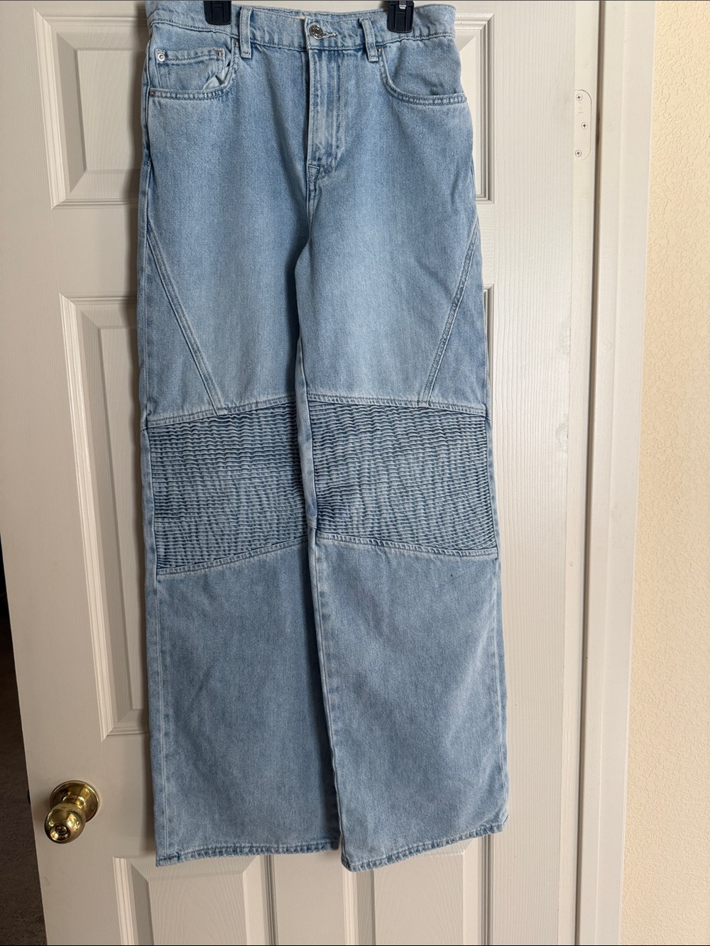 GRLFRND Light Blue Wide-Leg Jeans with Paneled Knee Detail